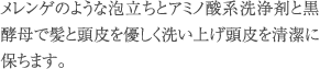 メレンゲのような泡立ちとアミノ酸系洗浄剤と黒酵母で髪と頭皮を優しく洗い上げ頭皮を清潔に保ちます。